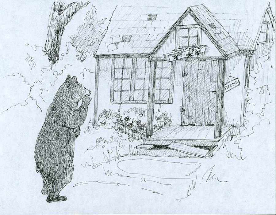 Understudy B&W Sketch of Bear looking at his house